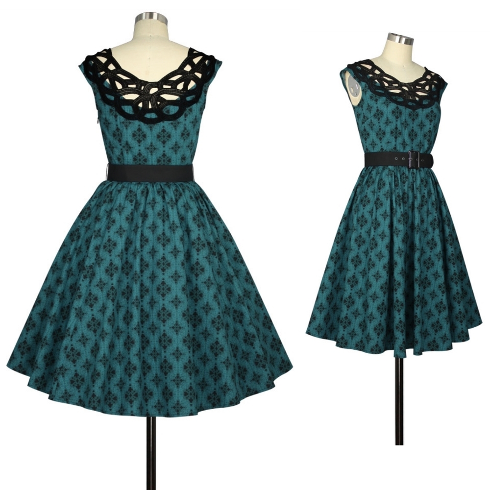 Teal & Black Fit-and-Flare Dress with Lace Yoke